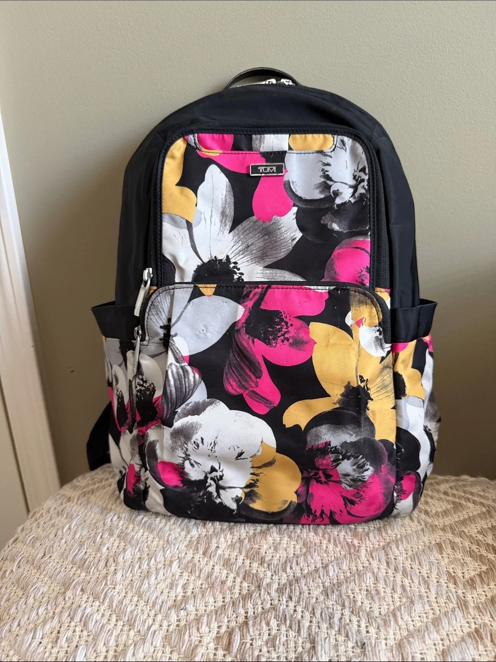 Tumi Black Backpack with Pink, Yellow & White Floral Print